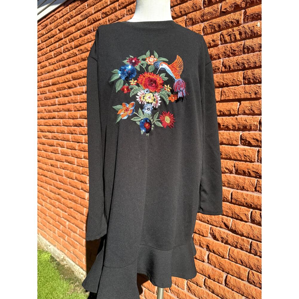 zara collection floral and bird embroidered black ruffle dress women's large
